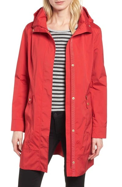 Cole Haan Signature Back Bow Packable Hooded Raincoat In Red