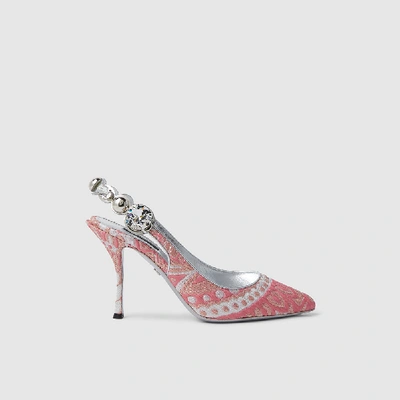 Pre-owned Dolce & Gabbana Pink Crystal-embellished Slingback Brocade Pumps Size It 38.5