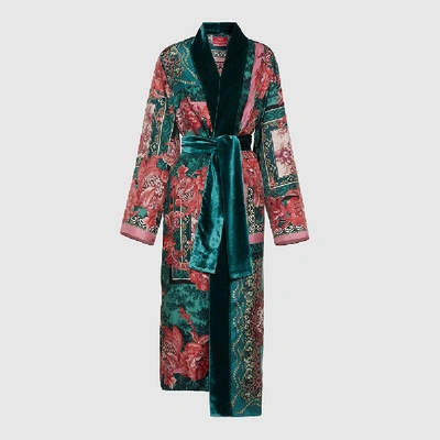 Pre-owned F.r.s For Restless Sleepers Multicoloured Pink Paradise Velvet-trimmed Silk Robe Size L In Multicolor
