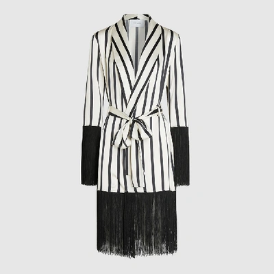 Pre-owned We Are Leone White Lily Striped Fringe Hem Silk Robe Size M