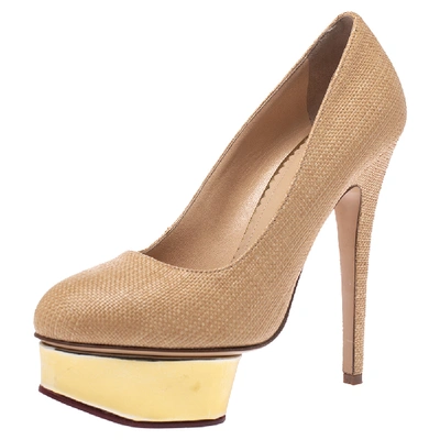 Pre-owned Charlotte Olympia Beige Raffia Dolly Platform Pumps Size 37
