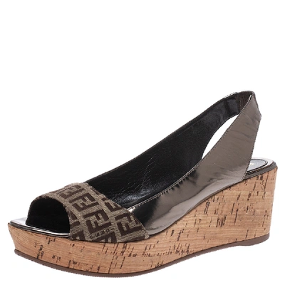 Pre-owned Fendi Brown Ff Canvas And Metallic Bronze Leather Cork Wedge Platform Sandals Size 38