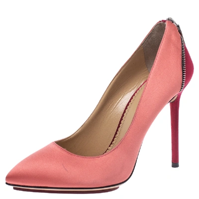 Pre-owned Charlotte Olympia Coral Pink/red Satin Monroe Pointed Toe Pumps Size 39