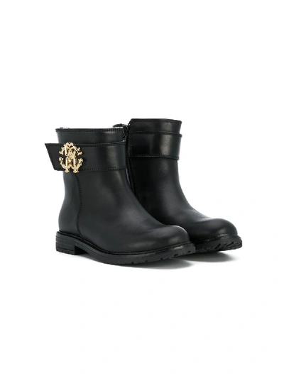Roberto Cavalli Kids' Logo Plaque Ankle Boots In Black