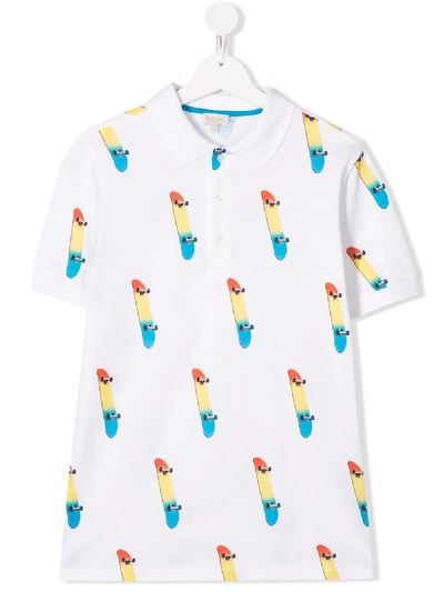 Paul Smith Junior Kids' Skateboard Print Polo Shirt In White