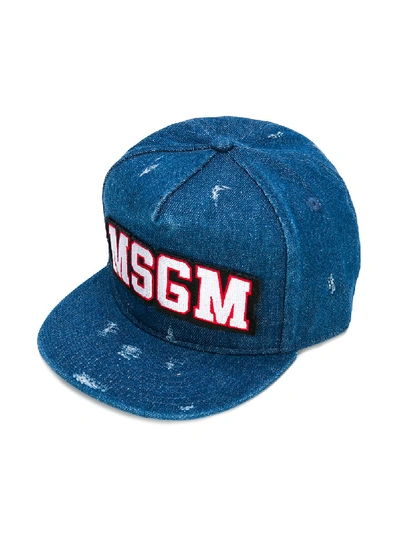 Msgm Kids' Distressed Denim Logo Cap In Blue