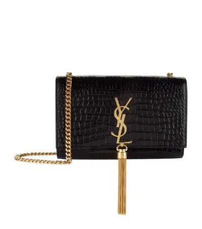 Saint Laurent Kate Small Croc-effect Patent-leather Shoulder Bag In 1000 Nero