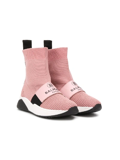 Balmain Kids' 一脚蹬logo印花针织袜式运动鞋 In Pink