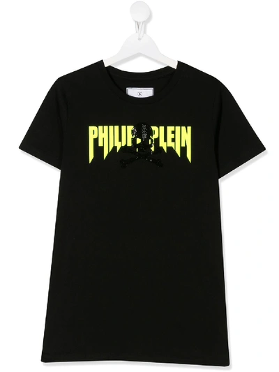 Philipp Plein Junior Kids' Crew Neck Crystal-embellished Logo T-shirt In Black