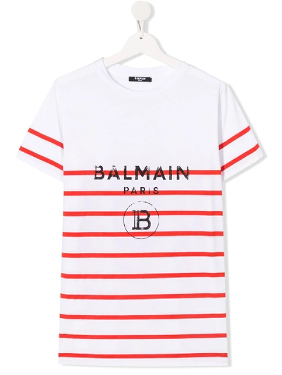 Balmain Teen Striped Print T-shirt In White