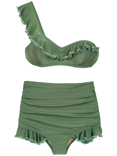 Amir Slama One Shoulder Hot Pants Bikini In Green