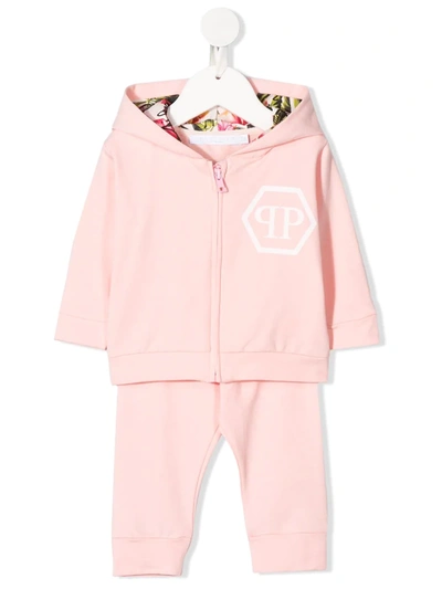 Philipp Plein Junior Babies' 花卉连帽衫与长裤套装 In Pink