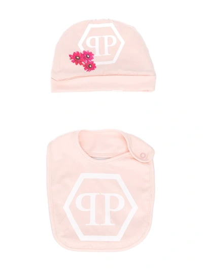 Philipp Plein Babies' Logo印花围兜与套头帽套组 In Pink