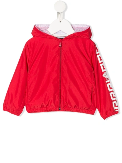 Young Versace Babies' Greca Print Hooded Jacket In Red