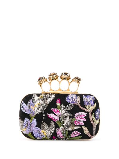 Alexander Mcqueen Floral-embroidered 4-ring Clutch In Black
