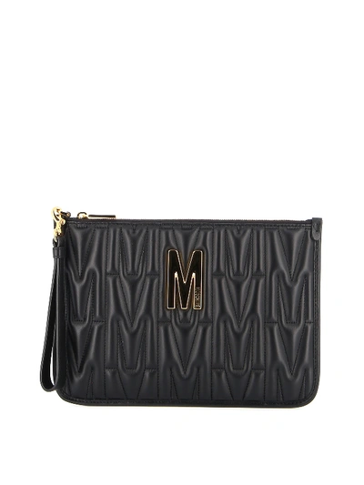 Moschino M Logo Black Quilted Leather Clutch
