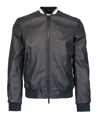 Emporio Armani Logo Collar Leather Jacket In Blue