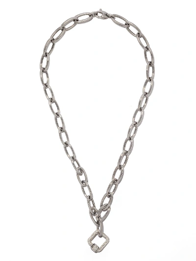 As29 18kt Black Gold Pave Diamond Square Carabiner And 18kt White Gold 24” Long Oval Chain Necklace