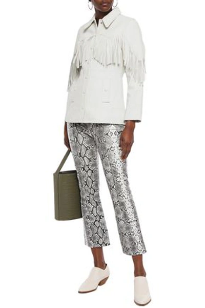 Ganni Fringed Textured-leather Jacket In Off-white
