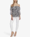 Vince Camuto Distressed Paisley Off The Shoulder Blouse In Rich Black