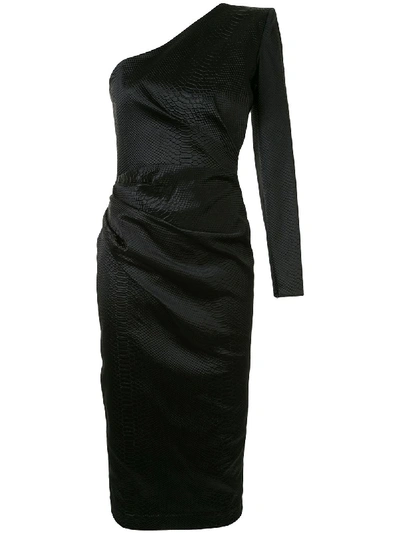Alex Perry Kendra One-shoulder Snakeskin-effect Dress In Black