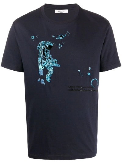 Valentino Cotton T-shirt W/ Space Land Embroidery In Navy