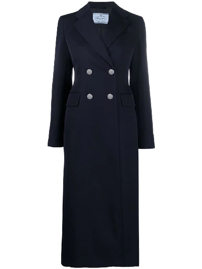 Prada Double-breasted Midi Coat In Blau