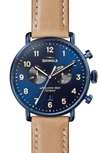 Shinola The Canfield Chronograph Sunray Dial Leather Strap Watch In Natural/ Midnight Blue Sunray