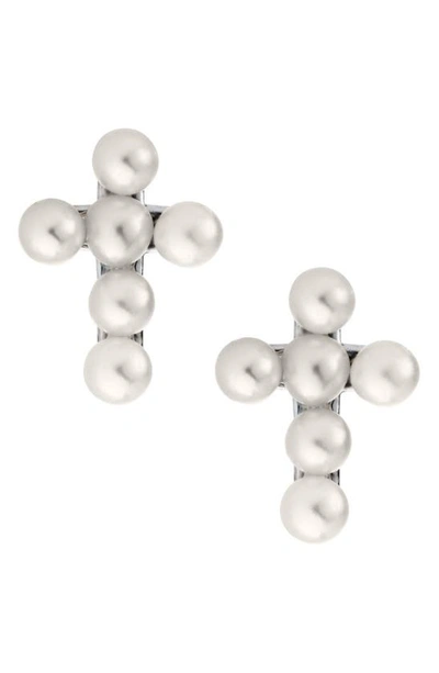 Mignonette Babies' Cultured Pearl Cross Earrings In Silver