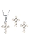 Mignonette Cultured Pearl Cross Pendant Necklace & Earrings Set In Silver