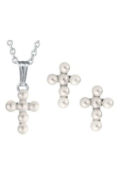 Mignonette Kids' Cultured Pearl Cross Pendant Necklace & Earrings Set In Silver