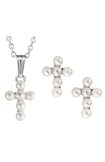 Mignonette Kids'  Cultured Pearl Cross Pendant Necklace & Earrings Set In Silver