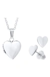 Mignonette Sterling Silver Heart Locket Necklace & Earrings Set In Silver