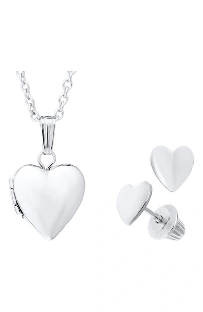 Mignonette Kids'  Sterling Silver Heart Locket Necklace & Earrings Set