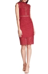 Bardot Lace Mock-neck Sheath Dress In Burgundy