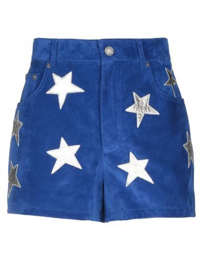 Saint Laurent High Waist Leather Suede Short W/ Stars In Blue,gold