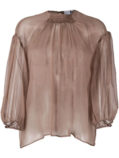 Msgm Sheer Puff-sleeve Blouse In Brown