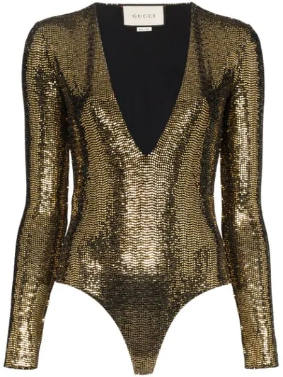 Gucci Black And Gold Embellished Jersey Bodysuit