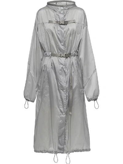 Prada Belted Hooded Raincoat In Silver