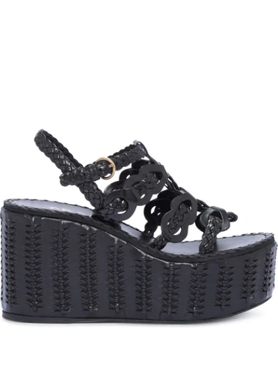 Prada 95mm Woven Wedge Sandals In Black