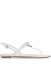 Prada Logo Metallic Leather Ankle-strap Thong Sandals In White