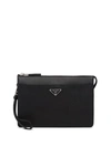 Prada Mens Black Logo-plaque Saffiano-leather Pouch In Black