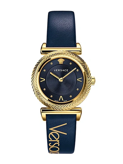 Versace V-motif Vintage Stainless Steel Leather Strap Watch In Navy Blue/ Gold