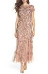 Pisarro Nights Beaded Mesh Column Gown In Mauve