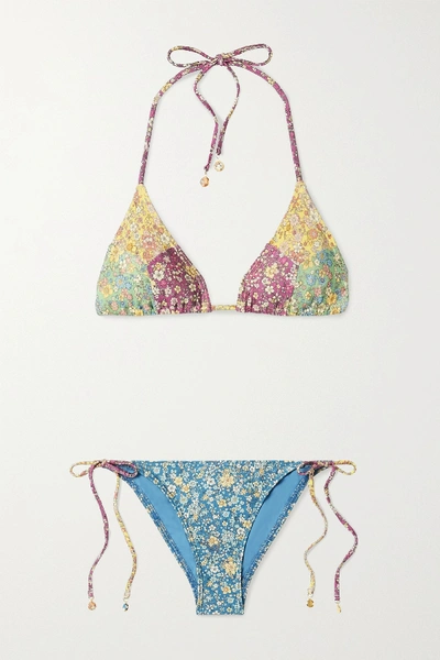 Zimmermann Carnaby Floral-print Triangle Bikini In Blue