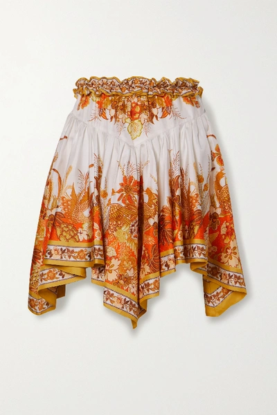 Zimmermann Brightside Asymmetric Printed Silk-twill Mini Skirt In Orange
