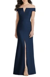 DESSY COLLECTION NOTCHED OFF THE SHOULDER CREPE GOWN,3038