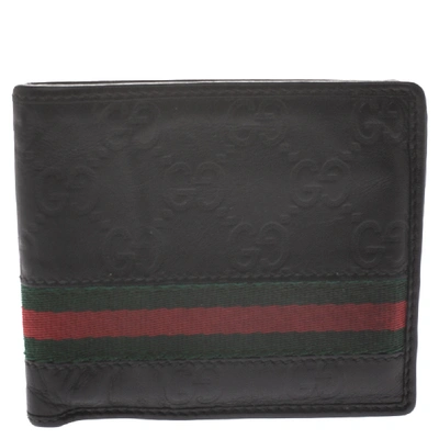 Pre-owned Gucci Ssima Leather Web Bifold Wallet In Black