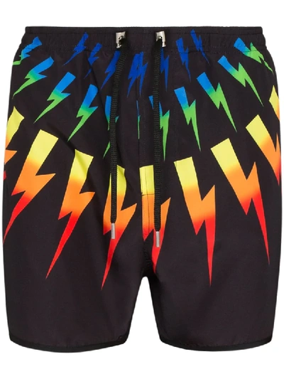 Neil Barrett Rainbow Bolts Printed Tech Swim Shorts In Black,orange,yellow