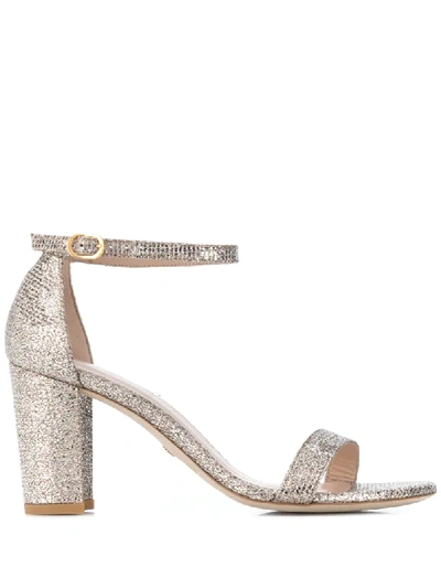 Stuart Weitzman Glitter-effect Block-heel Sandals In Gold